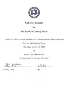 Notice of Canvass, San Patricio County, Texas